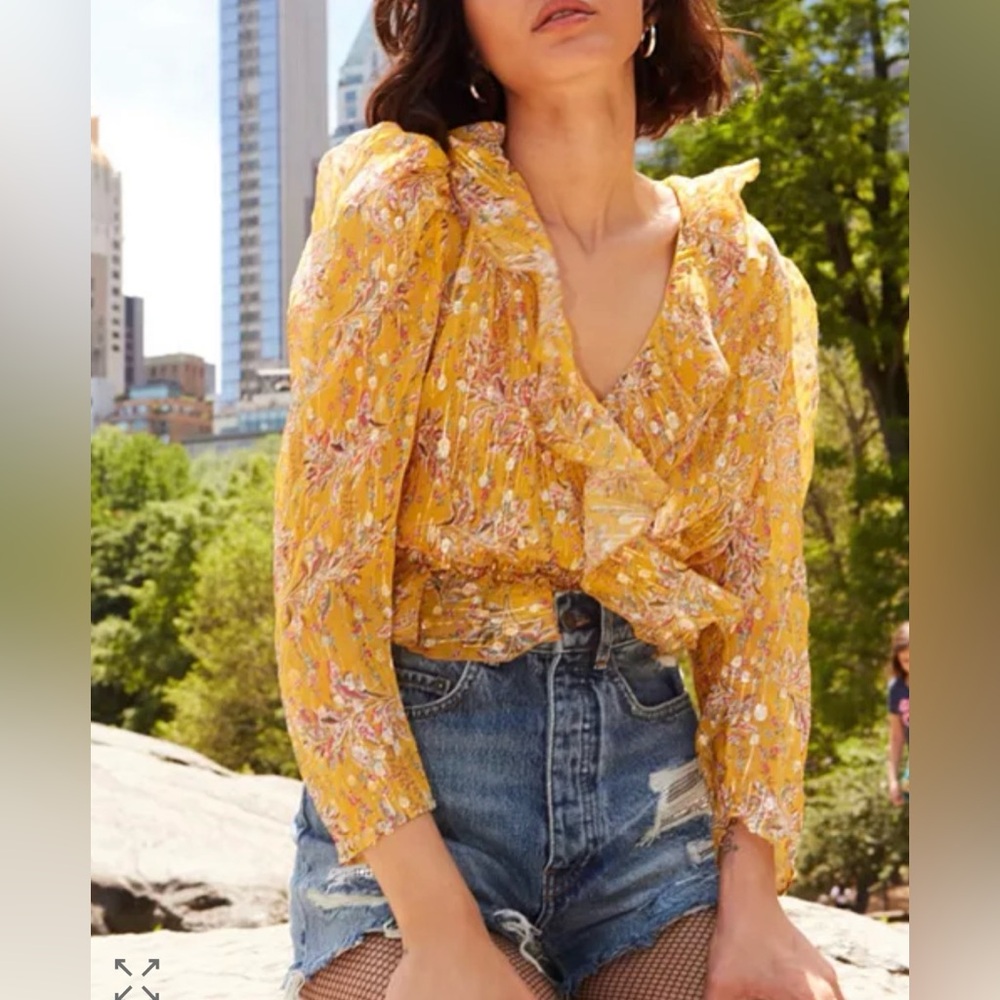 NWT✨The Kooples Women Yellow Floral V-Neck Silk Crop Top Blouse Size 2 Feulille